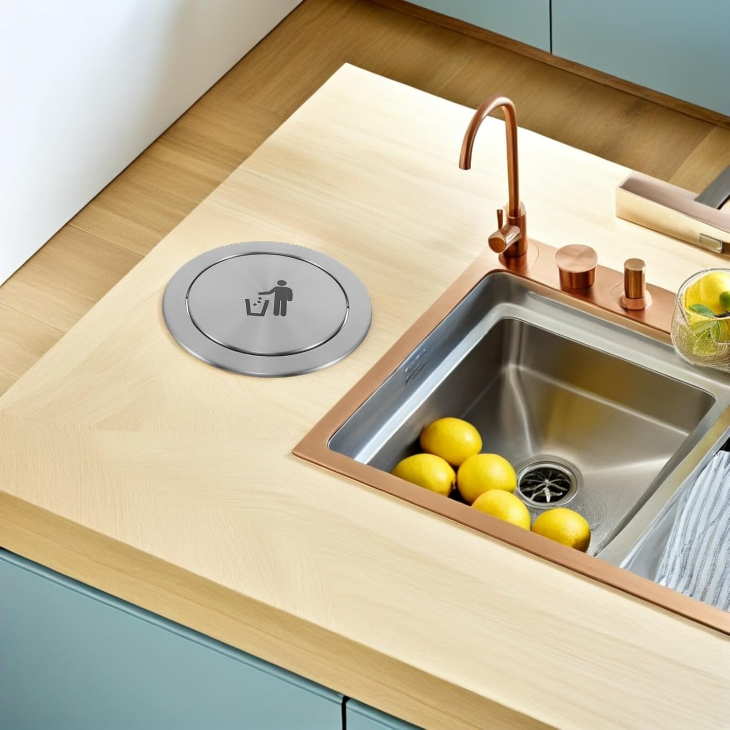 Embedded Countertop Trash Can Lid Stainless Steel Large round Swing Cover Recessed Built-in Waste Bin Lid for Kitchen Cabinet Trash Management