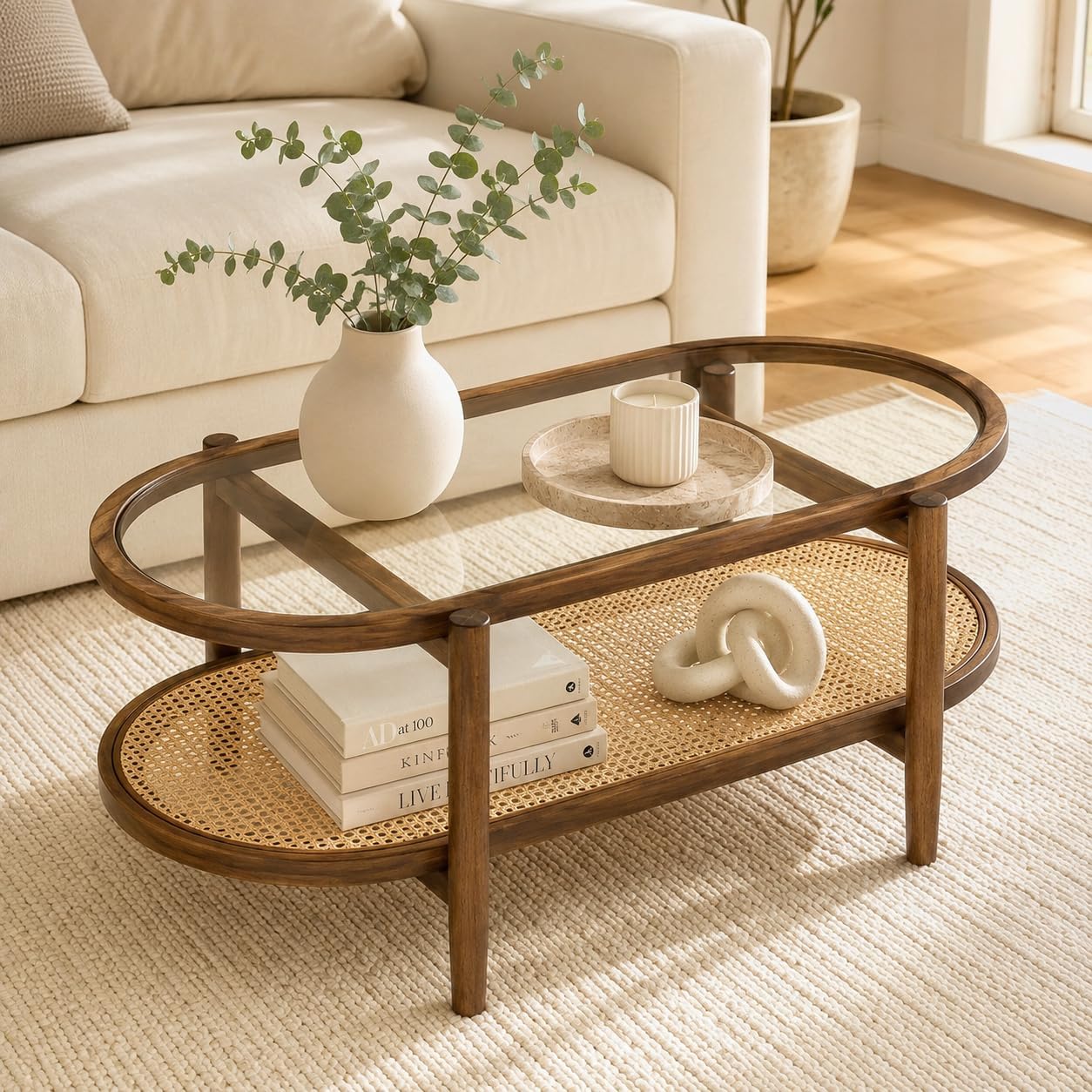 NAFORT Rattan Coffee Table, 2-Tier Oval Modern Center Table with Tempered Glass Top, Acacia Wood Frame & PE Woven Shelf for Living Room, Brown, 40 Inch