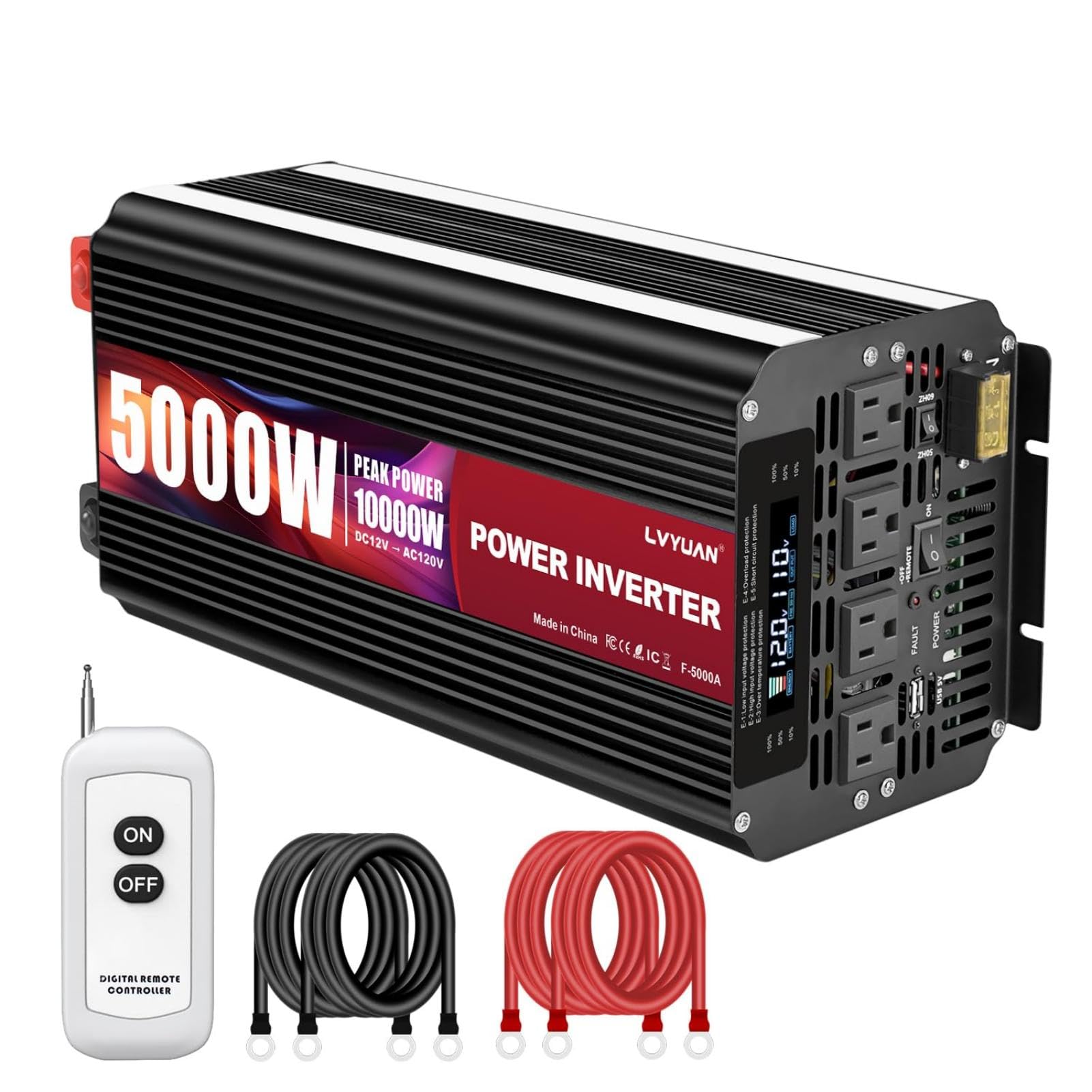 LVYUAN 5000 Watt Power Inverter 24V to 110V 120V for Vehicle, Solar Inverter System, Heavy Duty, RV, Truck, Off Grid,Camping with 4 AC Outlets, LCD Display, Wireless Remote Control, Car Power Inverter