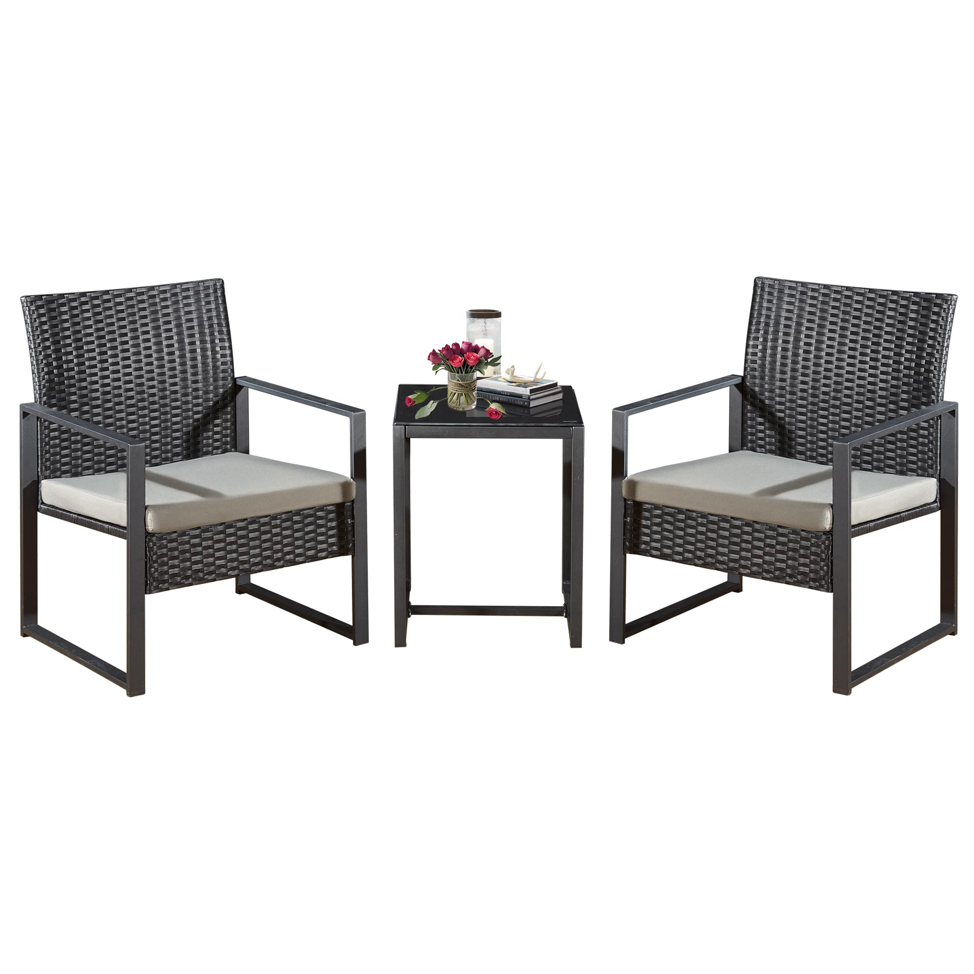 Yaangagpe 3-Piece Rattan Garden Furniture Set, Rattan Bistro Set with 1 Coffee Table & 2 Seater Chairs with Grey Removable Cushions, Outdoor Furniture for Patio, Balcony, Poolside โ image 1