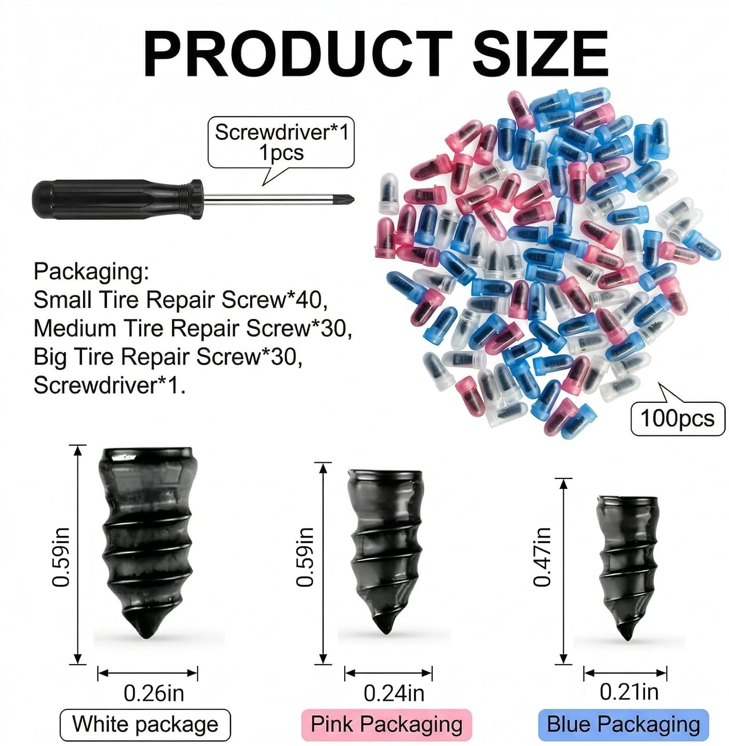 100 PCS 3 Size Tire Repair Kit, Screw-in Tire Plugs with Screwdriver, Self-Service Flat Tire Puncture Repair Tool, Universal Fit Most Cars
