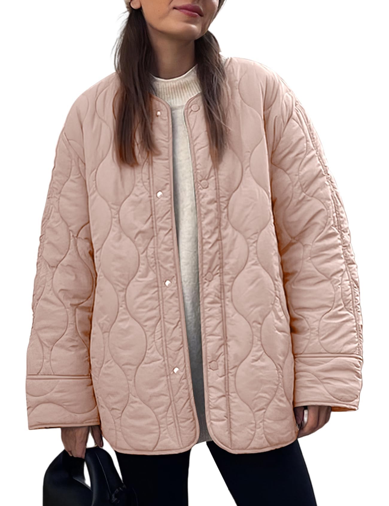 Women's Fall Winter Quilted Cotton Coat: Loose Fit Round Neck Casual Jacket, Solid Color Oversized Padded Outerwear for Trendy Daily Streetwear — view 10
