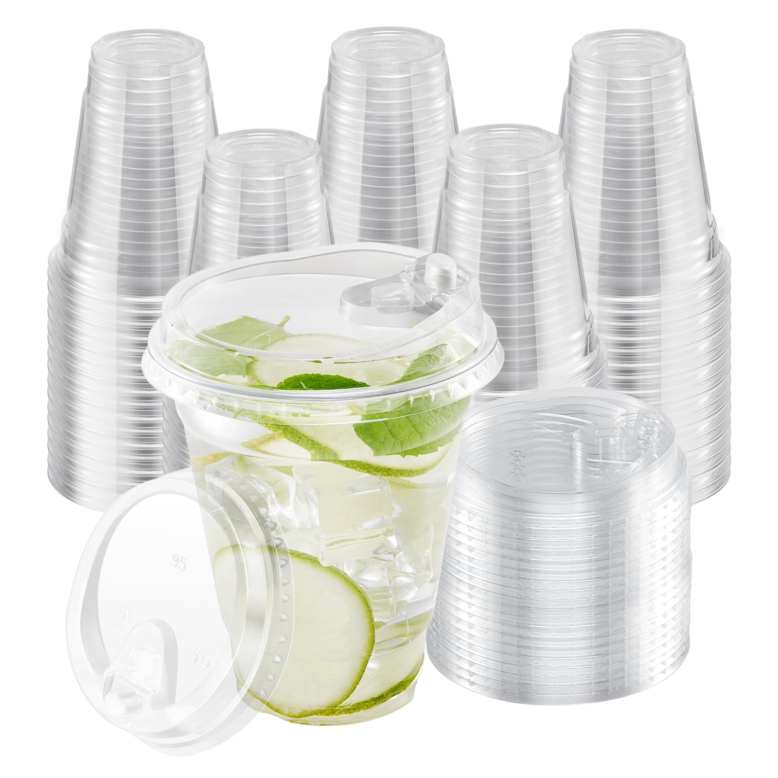 WELLIFE [100 Sets 12 oz Plastic Cups with Strawless Sip-Lids, Clear Disposable To Go Iced Coffee Cups for Smoothie Cold Drinks Beverages Milkshake Party Cafe Restaurant School Office Home Kitchen