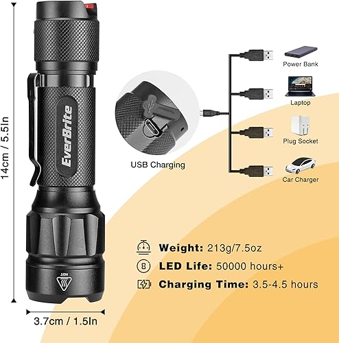 Miniatura 2 de EverBrite Linterna táctica LED, linterna recargable de 750 lúmenes con cordón y clip, 6 modos (alto/medio/bajo/estroboscópico/SOS/Turbo), para