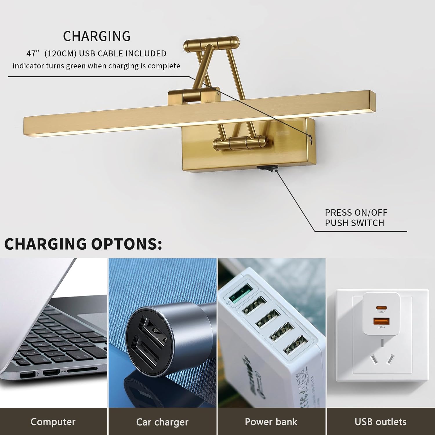 Picture Light Battery Operated Brass 15.7' Inch Long Rechargeable Wall Lights Dimmable LED Library Light with Swing Arm and Timer Function Cordless Wall Light Indoor Gold Color