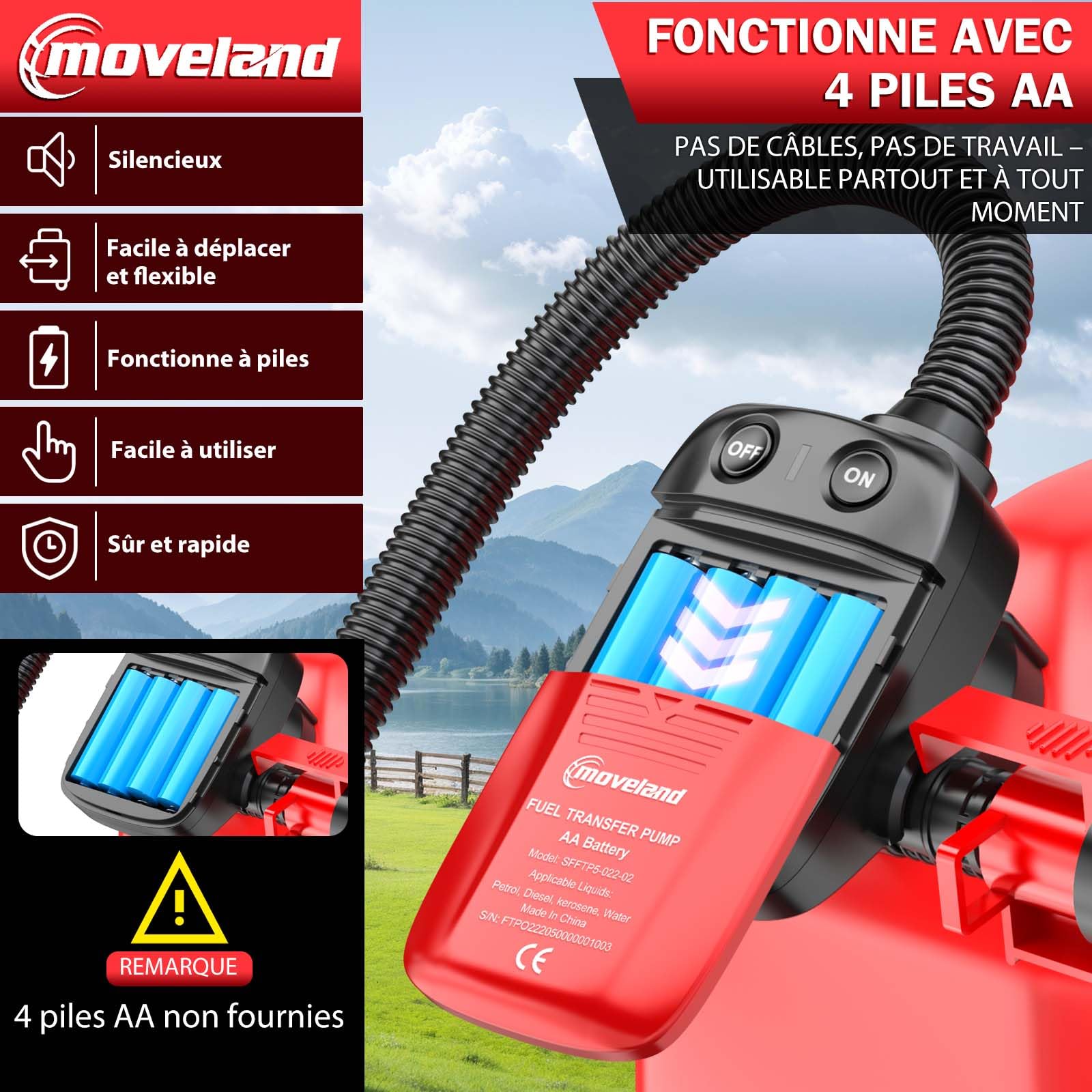 moveland pompe essence electrique 2.2 GPM, sur batterie, 4 adaptateurs | Arrêt automatique, Transfert de liquides efficace, sûr et propre, Pour diesel, essence, voiture, tracteur, tondeuse à gazon