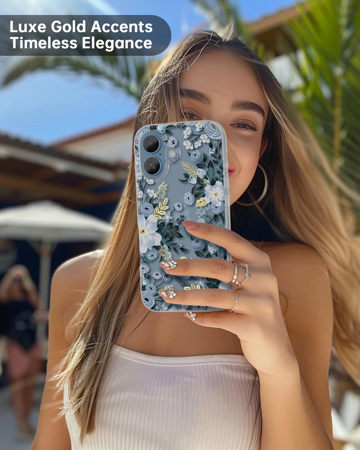 SCORPIFY for iPhone 16 Case with Blue Nemophila Floral Design, Cute Clear Flower Phone Cover for Women Girls, [Non Yellowing] Slim Shockproof Bumper with Gold Accents