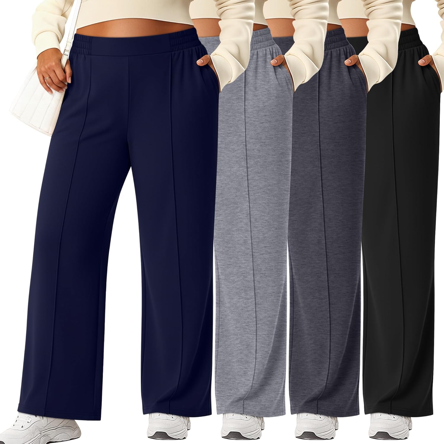Neer 4 Pack Women's Plus Size Lounge Pants, High Waisted Wide Leg Front Seam Sweatpants Yoga Casual Baggy Pants with Pockets