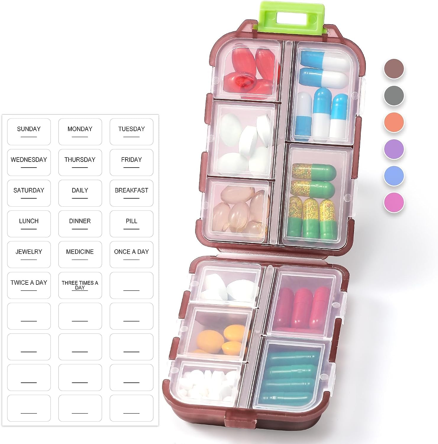 1 Pack Travel Pill Organizer w Lables, Small 10 Grid Compartments Pocket Pharmacy, Handy Pill Holder Box - Portable Medicine Container Case - Mini Cute Daily Weekly 7 Day Medication Organizer (Brown)