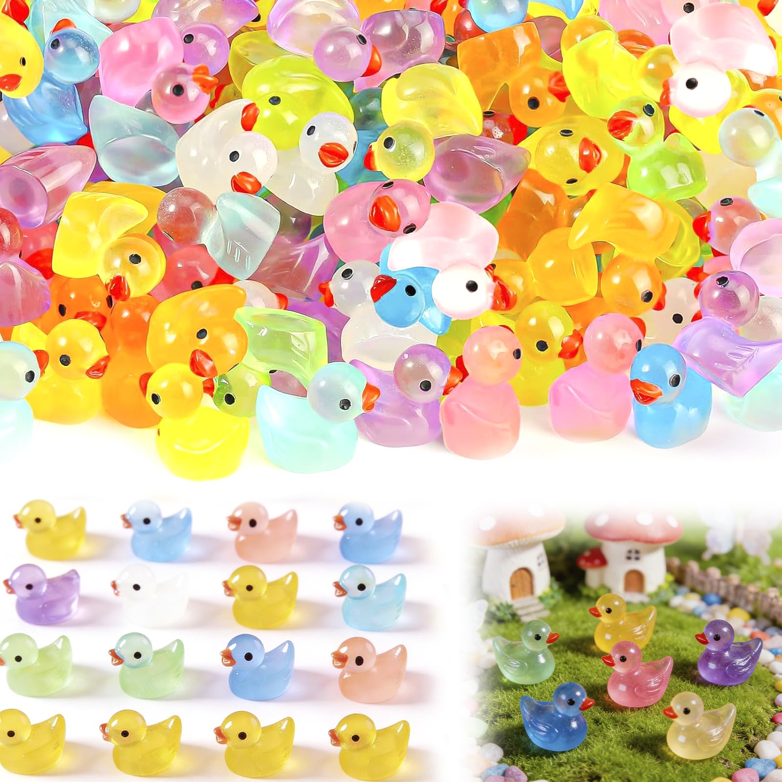 Vrexziy Mini Ducks, 100Pcs Miniature Plastic Small Ducks, Little Miniature Plastic Small Duck Bulk Glow in The Dark Luminous Aquarium Decor for Aquarium Garden Dollhouse Landscape