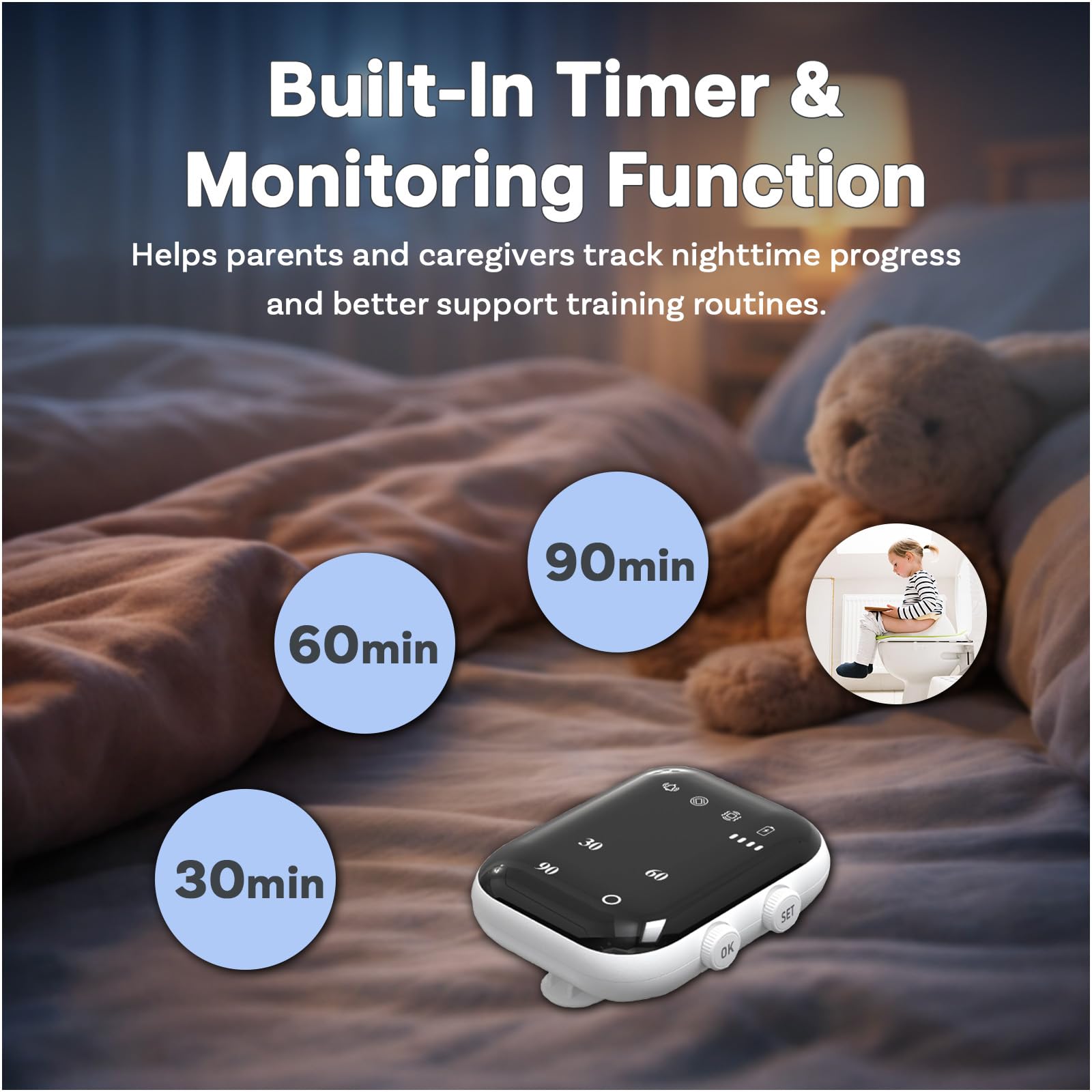 Kabelloser Bettnässer-Alarm für Kinder & Senioren von MMOBIEL – Sensor und Elternempfänger bis 10 m – Ton, Vibration & Licht – Alarmverlauf & USB Type-C wiederaufladbar
