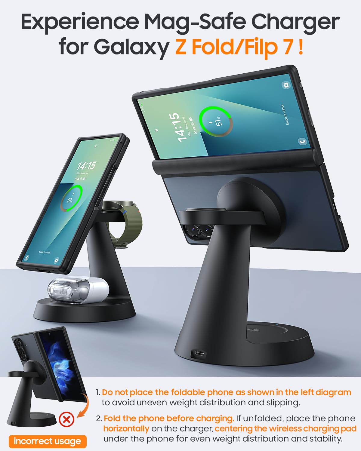 Meifigno Caricabatterie magnetico wireless per Samsung, stazione di ricarica 3 in 1 compatibile con MagSafe Samsung Charger per Galaxy S26 Ultra S25 Z Fold8/Flip8, supporto caricabatterie per Galaxy