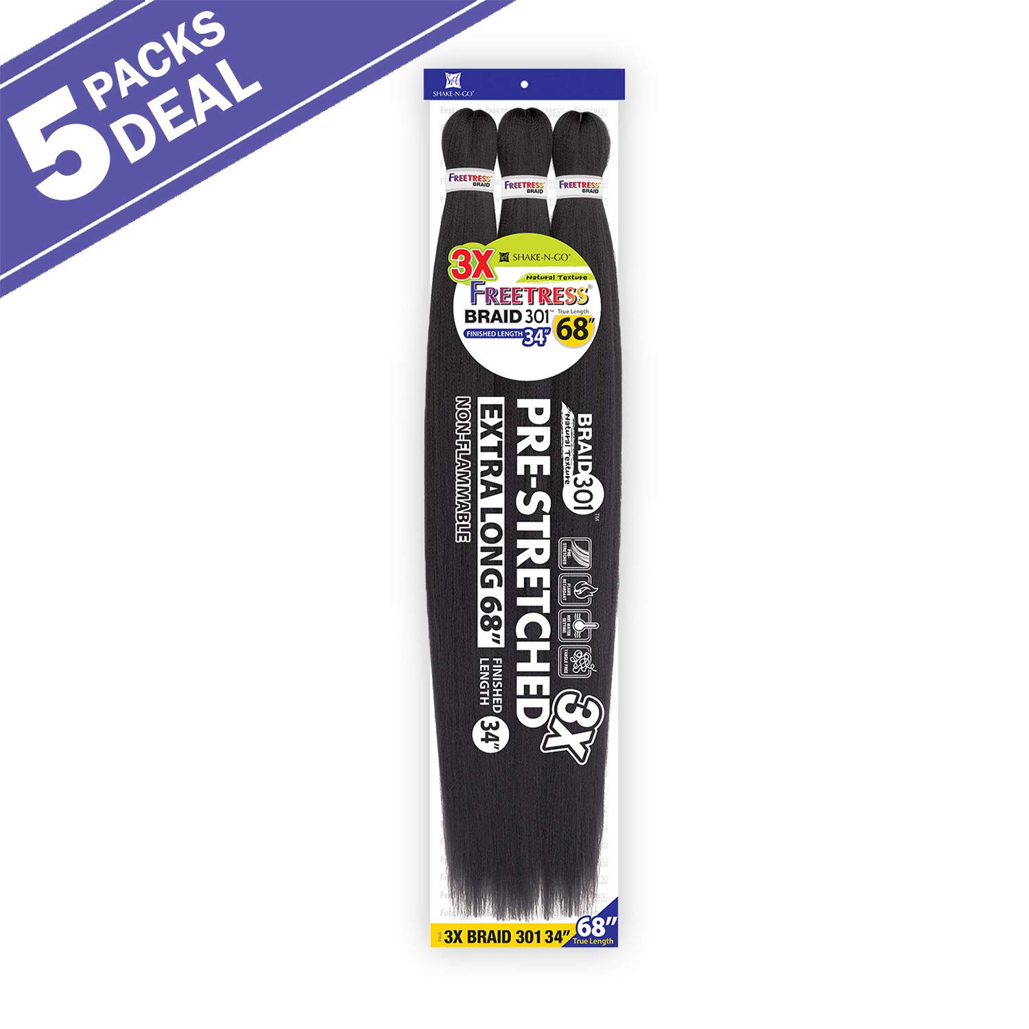 Freetress Braids Natural Texture Braids 3X Pre-Stretched Braid 301 34 inches (5-pack, 1B)