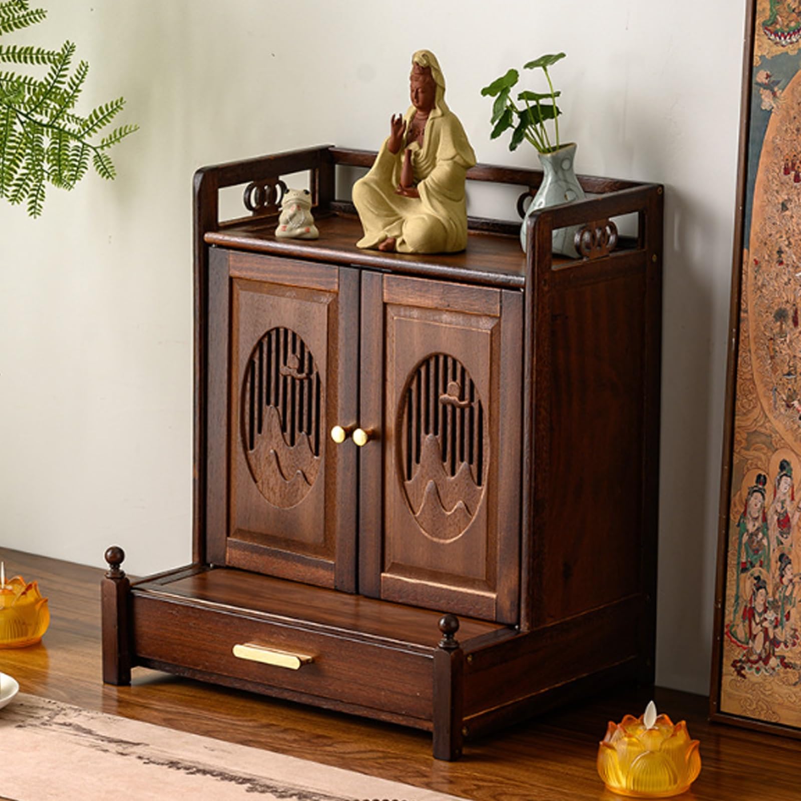 Mesa de altar con puertas para proteger del polvo las figuras de meditación y ordenar inciensos