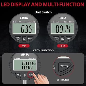 BINTA Digitale Messuhr 0.01/0.0005'' Digital Messuhr Messtaster 0-25.4mm/1'' Digital Dial indicator Messgerät für Labor 3D Drucker Werkstatt