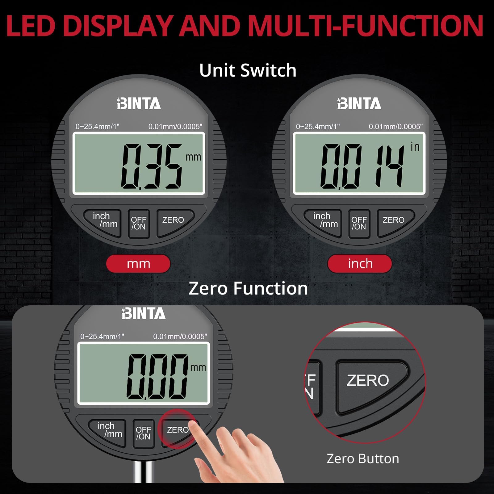 BINTA Indicateur Numérique à Cadran 1 Pouce/0,0005 Pouce, DTI Comparateur 0.01/0.0005'' Écran LCD Alliage de Zinc avec Couvercle Arrière pour Applications Industrielles, Mécaniques, 3D et
