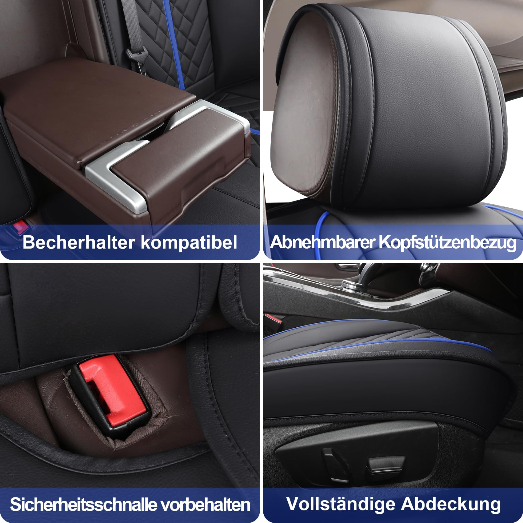 YOUXIU Autositzbezüge Set Wasserdicht Kunstleder Komplettset, Schwarz-Blau | Car Seat Covers Compatibel mit Volkswagen Subaru BMW Audi Benz Sitzschoner Auto-Schonbezüge