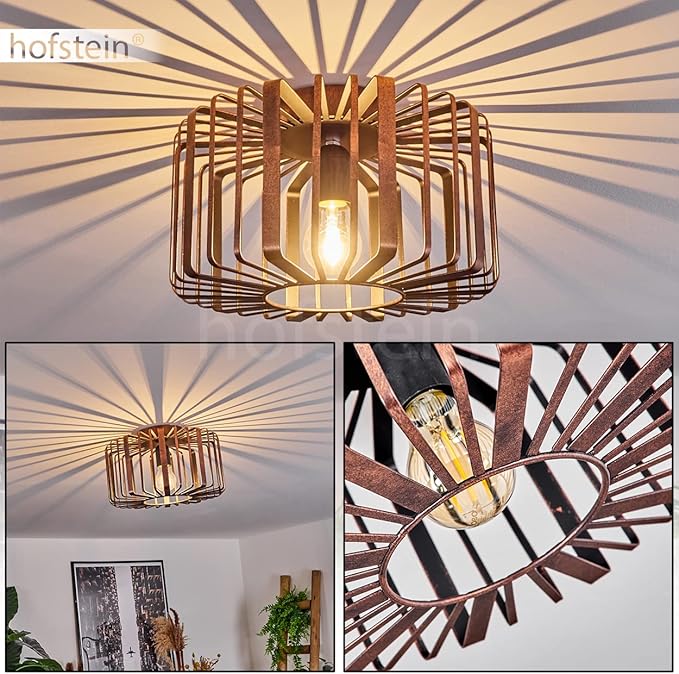 hofstein Plafondlamp Oravi, ronde plafondlamp van metaal in koperkleur/roestkleur, 1-lamp, E27-fitting, zonder gloeilamp, Ø 30 cm, retro/vintage licht met geweldig lichteffect door rasteroptiek photo 2