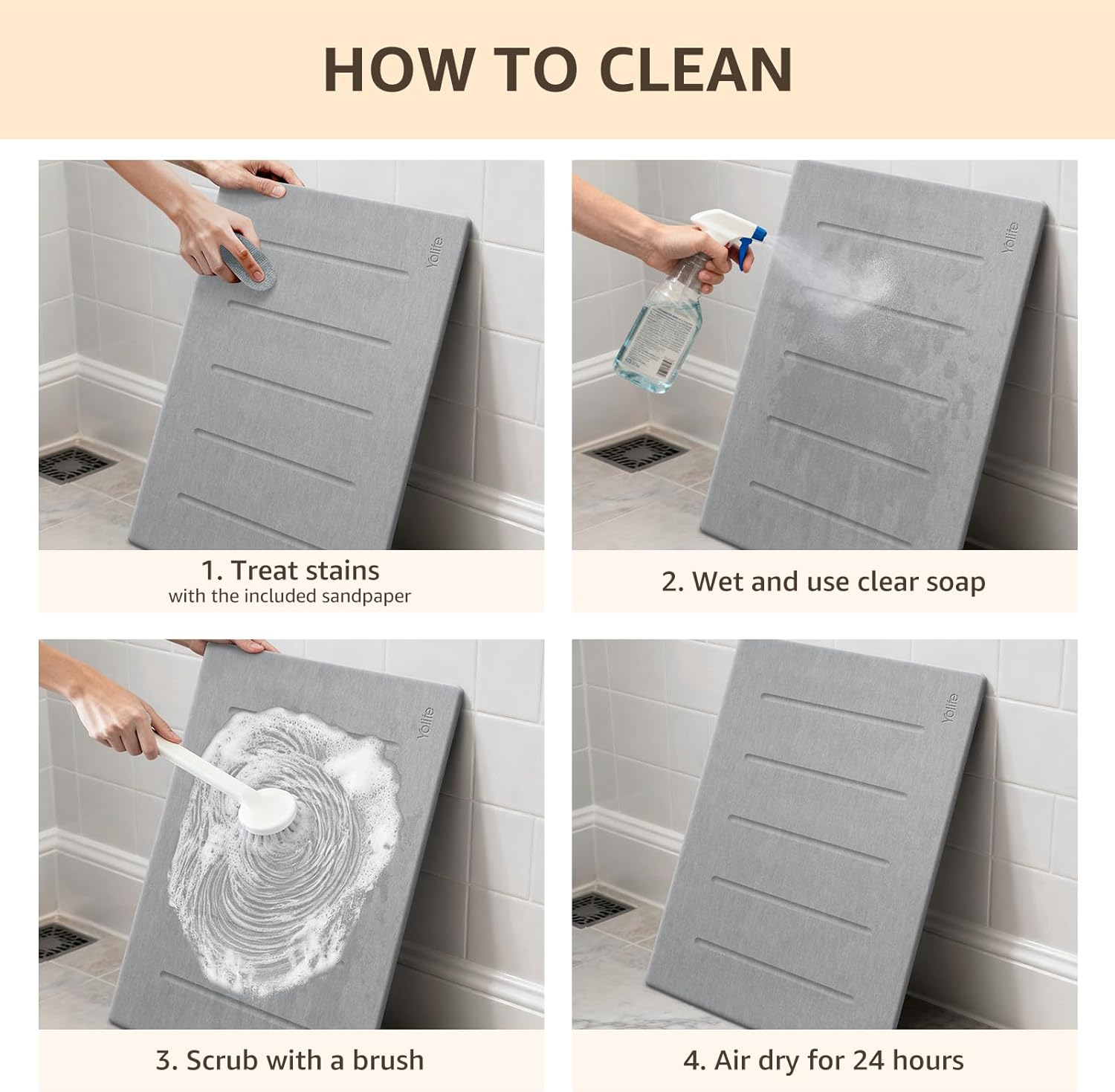 Yolife Stone Bath Mat Large, 32" x 20" Diatomaceous Earth Bath Mat for Bathroom, Super Absorbent Quick Drying Bathroom Stone Mat, Non-Slip Diatomite Shower Mat, Easy to Clean, Light Grey - Image 6