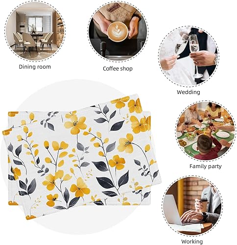 Miniatura 7 de Juego de 6 manteles individuales de flores amarillas de granja, manteles individuales rústicos florales, manteles individuales de primavera lavables
