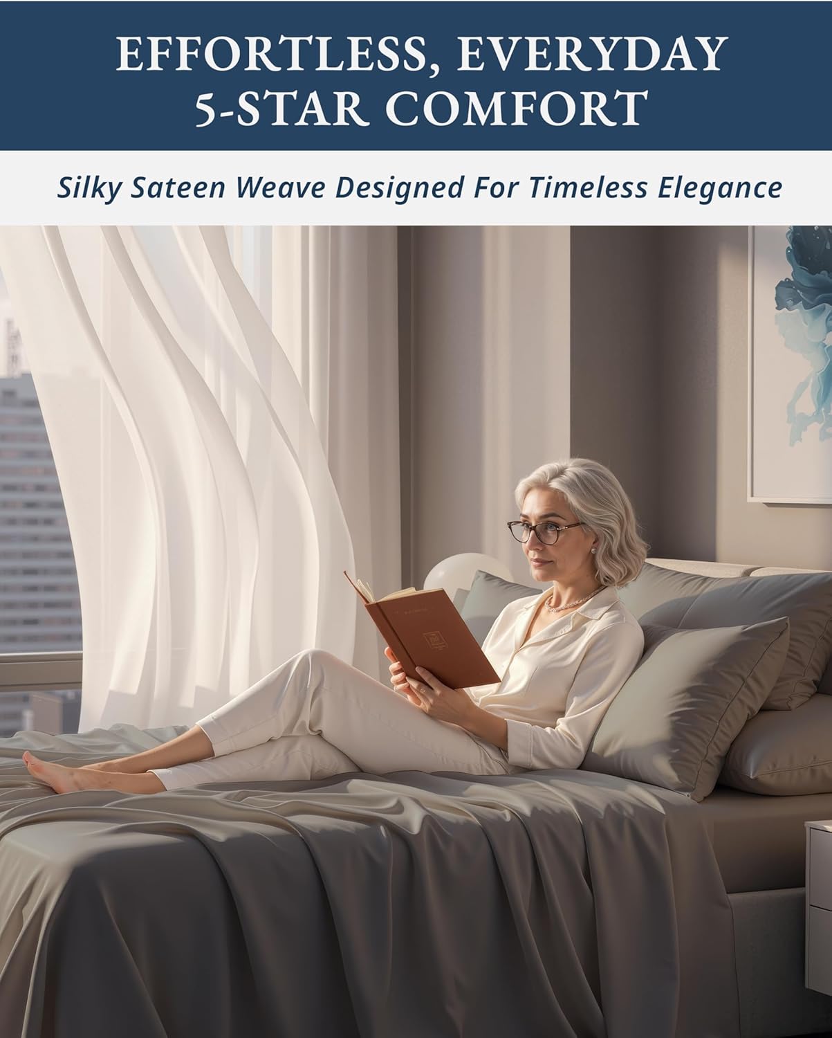 100% Egyptian Cotton Sheets Queen Size Bed Set – Naturally Cooling & Breathable Sateen Queen Sheets Set, Authentic Long-Staple Cotton for Lasting Softness, Snug Fit 15" Deep Pocket Fitted - Charcoal - Image 5