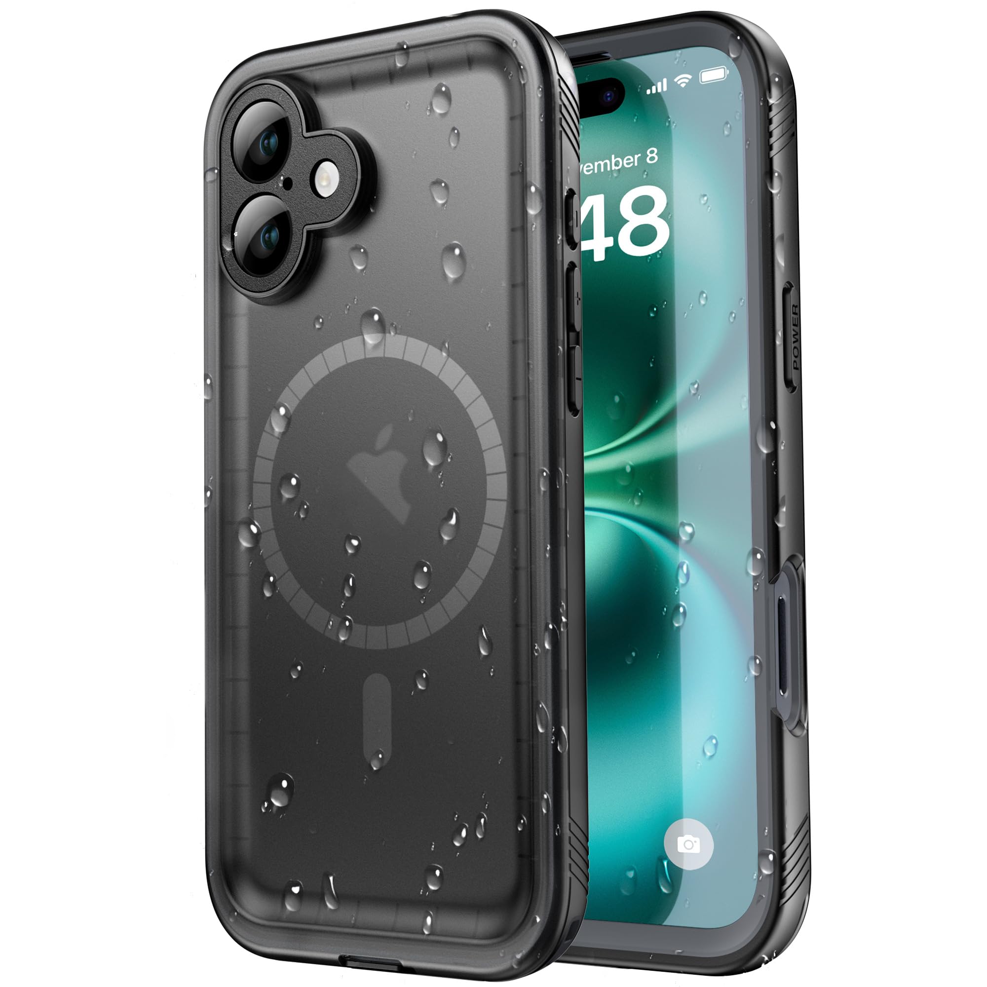 SPORTLINK iPhone 16 用 防水ケース iPhone 16 MagSafe 用 ケース完全防水 IP68防水等級 マグネット搭載 MagSafe対応 防雪 防塵 耐衝撃 360°全面保護 QI充電 フェイスID 認証対応 ワイヤレス充電 フェイスID 認証対応 カメラ調整ボタン 高透光性 レンズ保護 操作便利 超薄型 ストラップ付き 雨の日 お風呂 6.1インチ 適用 (ブラック）