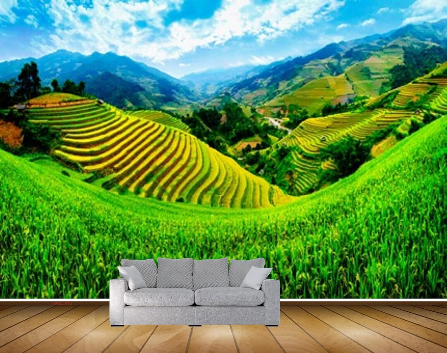 MWZ2615 Mountains Trees Clouds Grass Green Land HD 3D Wallpaper for Bedroom, Hall[5 ft x 3 ft] / [152 cm x 91 cm]