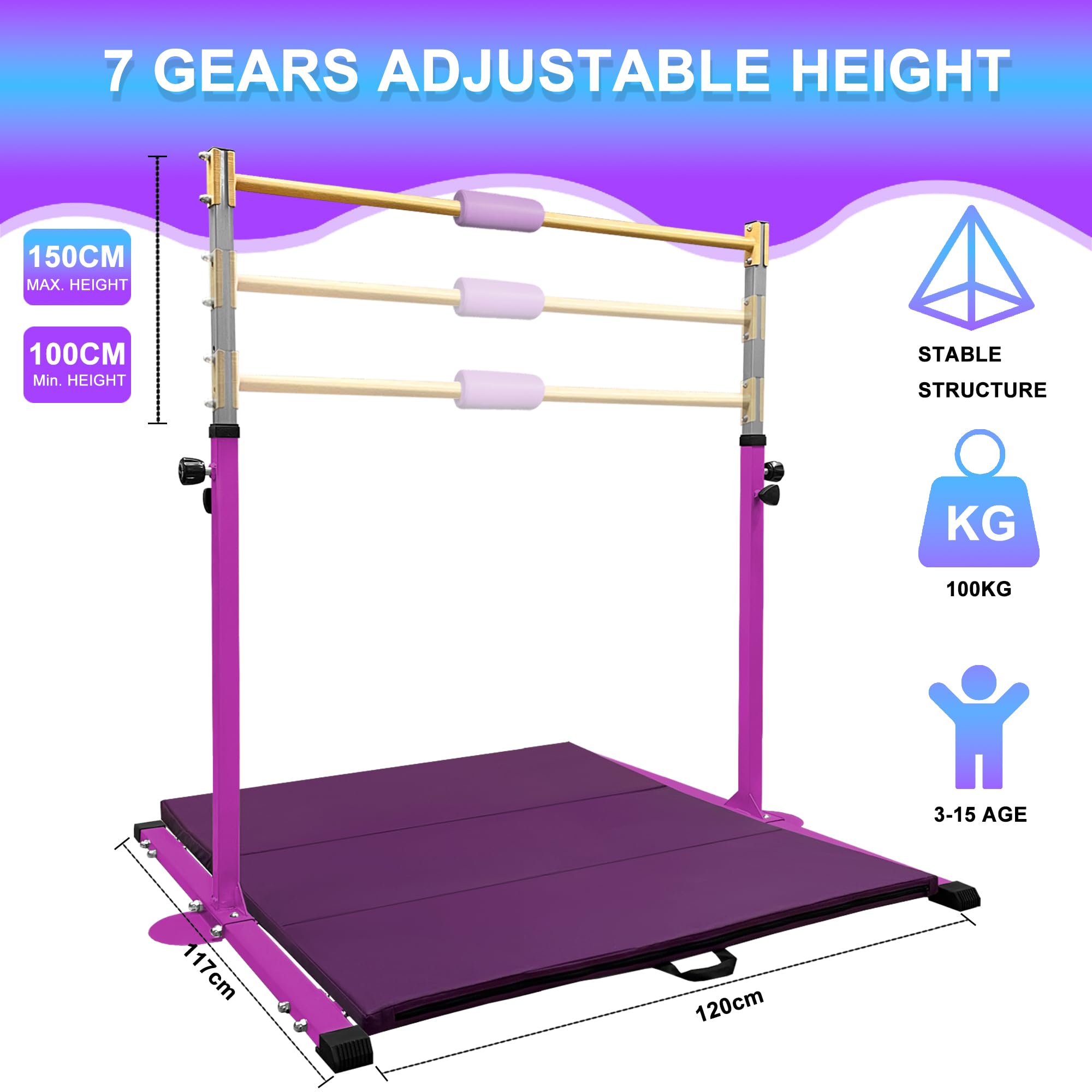 HomeSun Gymnastikstange für Kinder Robuste Kip Bar mit Ringen horizontale Turnreck für Heimtraining Höhenverstellbar 90-150cm Trainingsgerät bis 100 kg Alter 3-15