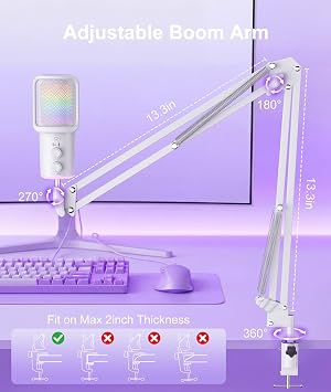 Gaming USB Microphone, Noise Cancellation Condenser Mic with Mute,Boom Arm Mic-Reverb Adjustment, Monitoring for Streaming, Podcasting, Discord, YouTube,PC, Computer, PS4, PS5, Mac-White