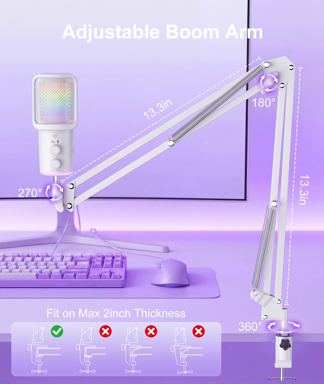 Microfono USB da gioco, microfono a condensatore con cancellazione del rumore, con silenziatore, regolazione del riverbero del braccio del braccio, monitoraggio per streaming, podcasting, discord