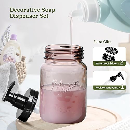 Miniatura 5 de Amolliar Dispensador de jabón de plástico de 16 onzas, dispensador de jabón para platos de manos recargable, botella de rosa vintage con tapas de