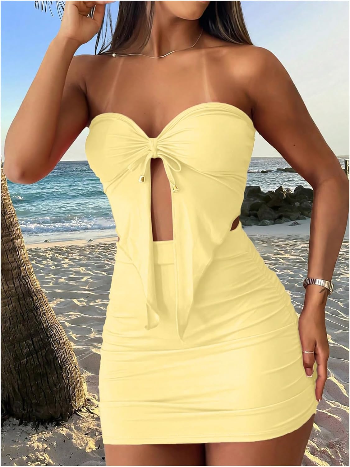 GORGLITTER Women's Tube Top Set 2 Piece Outfits Asymmetrical Strapless Top and Bodycon Mini Skirt Set - Image 3