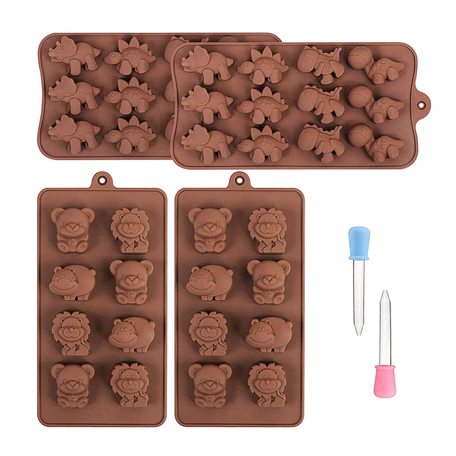 4-Pack 12 Hole Chocolate Silicone Baking Molds, Non-Stick Candy Jelly Molds, Soap Molds, DIY Cartoon Animal Dinosaur Lion, Candy Pudding Baking Tool with Dropper