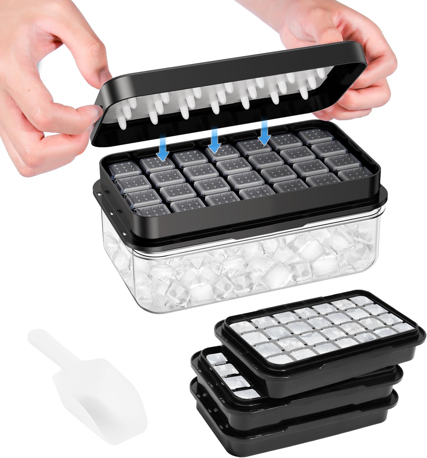 PHINOX Ice Cube Tray with Lid and Bin, 3 Pack Plastic Ice Cube Tray Molds, 84 pcs Ice Trays for freezer, Chilling Drinks, Whiskey & Cocktails, with Ice Container and Ice Scoop, BPA-Free