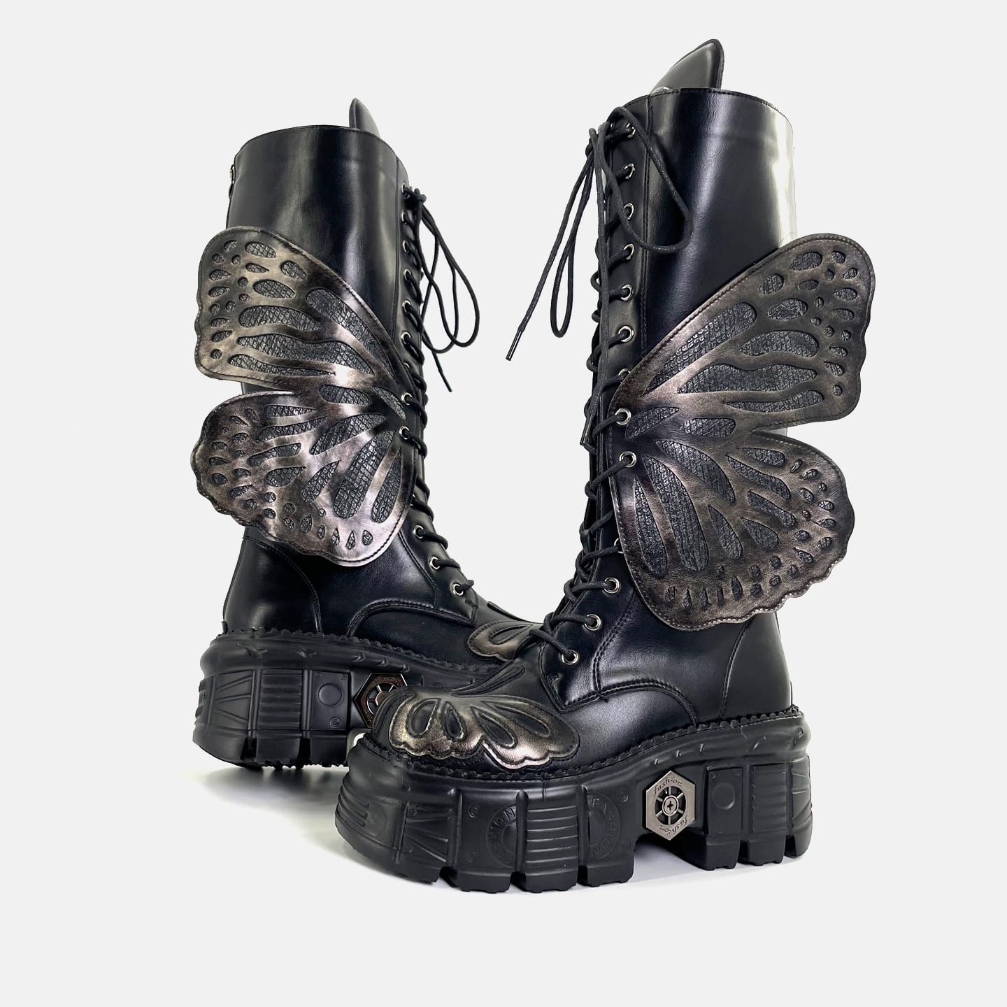 Women's Platform Punk Goth Knee High Boots Butterfly Chunky High Heel Back Zip Wedge Party Alt Boots Y2K Rave Shoes