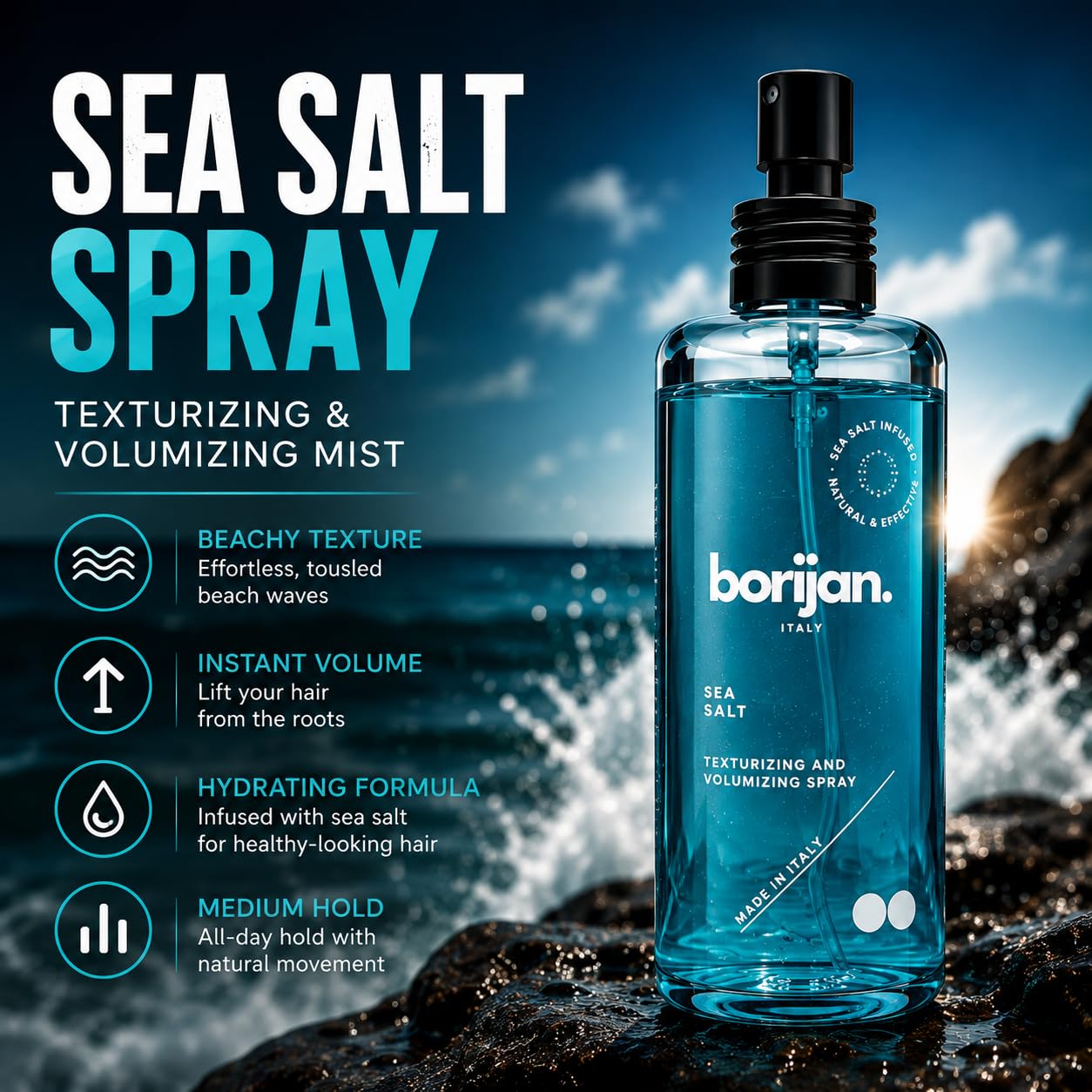 Sea Salt Spray – Texturizing & Volumizing Mist, Medium Hold, 200 ml / 6.76 fl oz, Hydrating Formula for Beachy Waves, Suitable for All Hair Types, for Men & Women.
