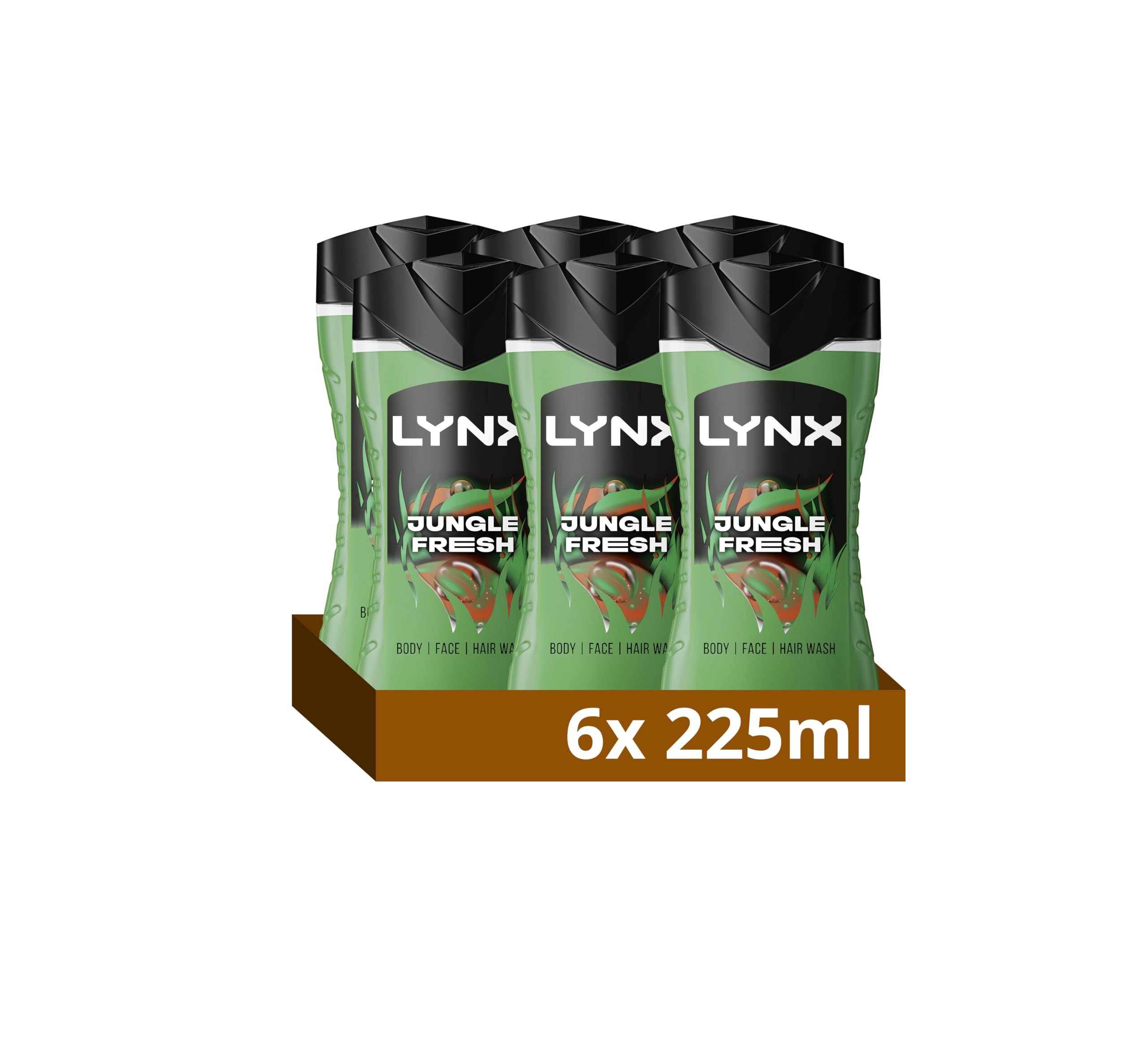 Lynx Men's Green 3In1 Body, Face & Hair Wash 'Shower Gel' Jungle Fresh 225Ml, 6Pack In