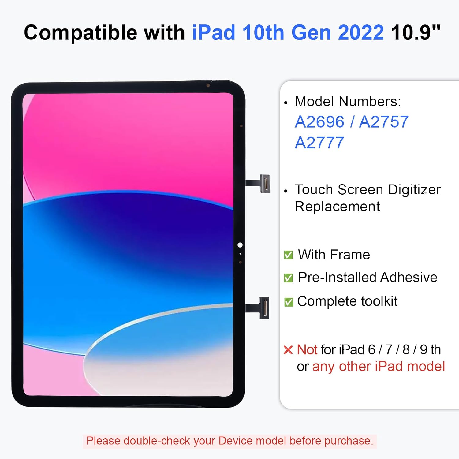 Screen Replacement for iPad 10th Gen 10.9 Inch 2022, Front Glass Digitizer Panel Only No LCD, Supports Pencil, Pre Installed Adhesive, Repair Tool Kit, Models A2696, A2757, A2777 Black