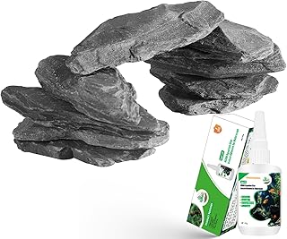 Natural Slate Stone Rocks with Special Liquid Glue, Mix of Rocks 3-6 inches and 1 Piece 8-10 inches, PH Neutral Stone for Aquascaping Aquariums, Paludariums, Reptile Enclosures (4.1 - 4.6 lbs)