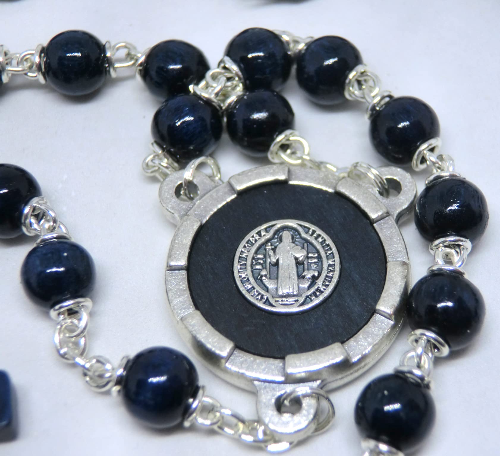 GTBITALY Blu Rosario di san benedetto in Legno 50 GRANI + 9 grani da Collo con medaglia crocera argento esorcista