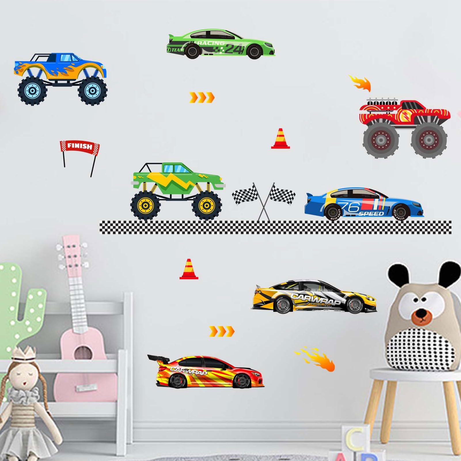 Racing Cars Wall Stickers - Roads Vehicles Boys Wall Decals - Baby Nursery Kids Room Daycare Playroom Classroom Wall Decor