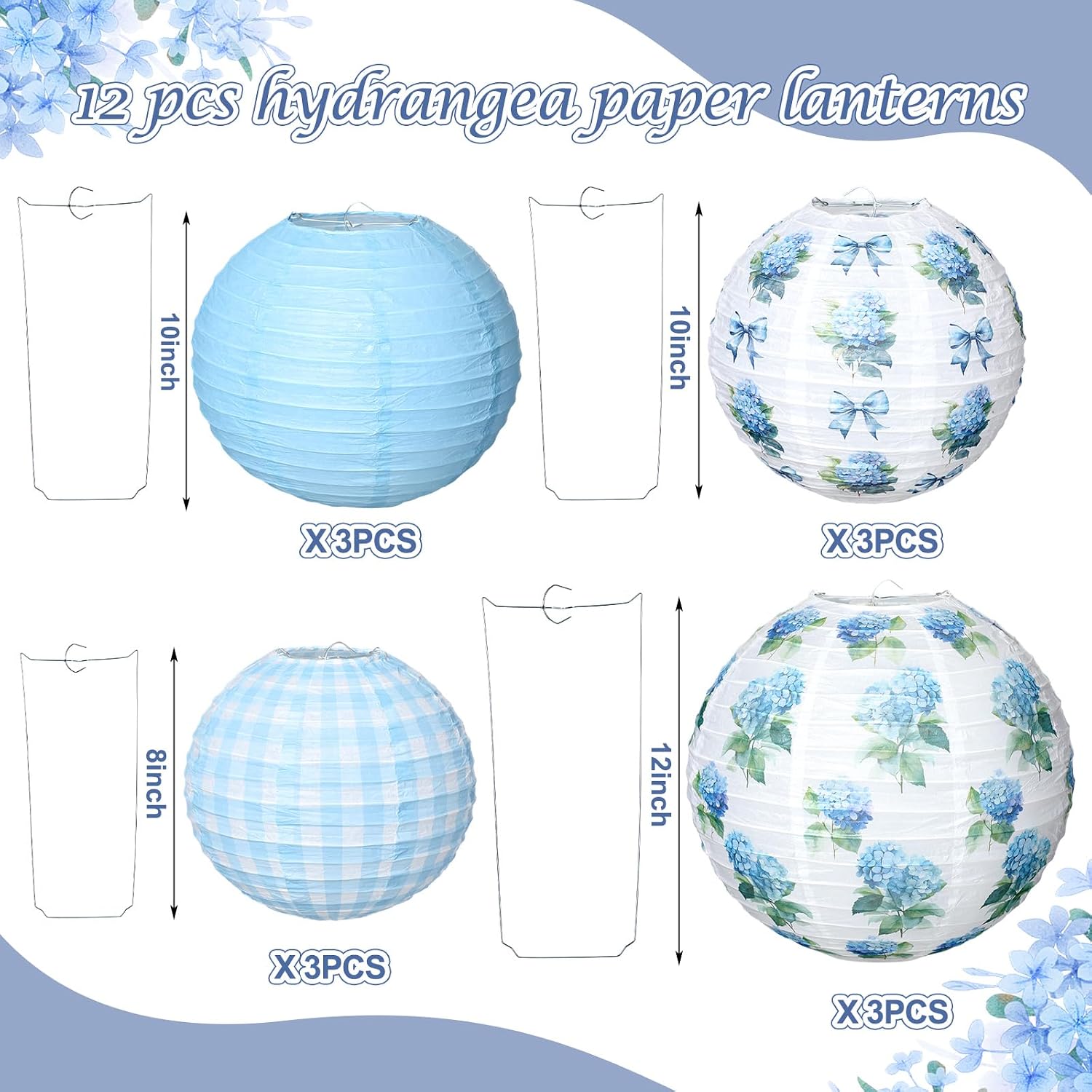 12 Pcs Spring Paper Lanterns Blue Hydrangea Lantern 8" 10" 12" Blue White Plaid Round Paper Lamp Chinese Floral Hanging Decor for Spring Birthday Wedding Baby Shower Flower Tea Party Decorations