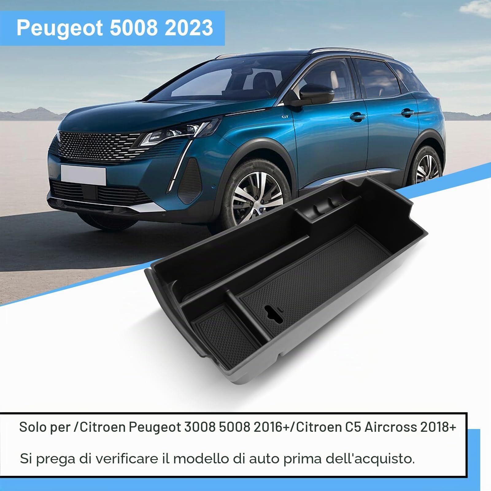 Vano Portaoggetti per Bracciolo Compatibile con Peugeot 3008 5008 GT Citroen C5 Aircross DS7 Crossback 2016-2024, Scatola del Bracciolo Centrale, Organizer con Tappetino Antiscivolo (Nero)