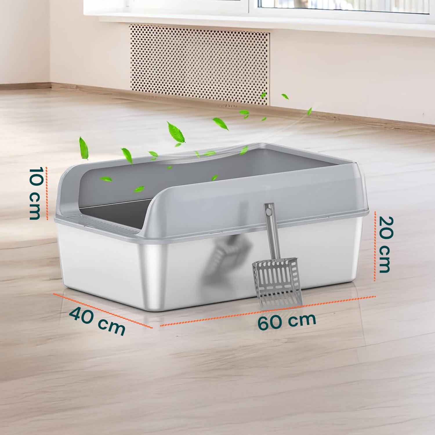 Avilia Lettiera per Gatti in Acciaio Inox Grande (60x40x30 cm) con Bordo Rialzato Anti-Schizzo - Igienica, Anti-Odore e Facile da Pulire - Include Paletta in Metallo - Vaschetta per Gatti e Cuccioli