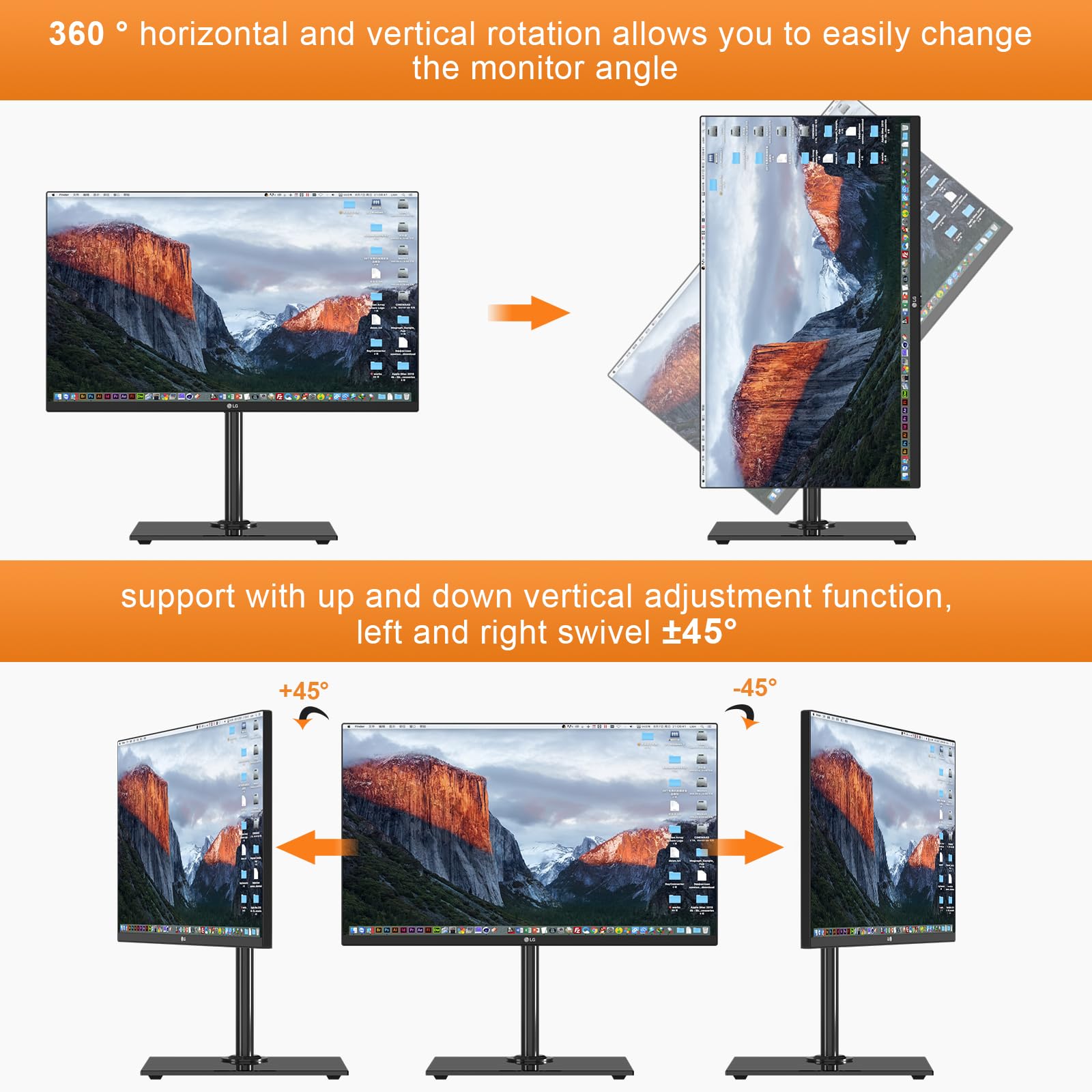 Pholiten Supporto per Monitor Singolo da Tavolo per Schermi PC da 13"-32", Autoportante Regolabile con Base in Vetro Temperato, Rotazione Inclinabile Girevole, Max VESA 100x100mm MLG7401