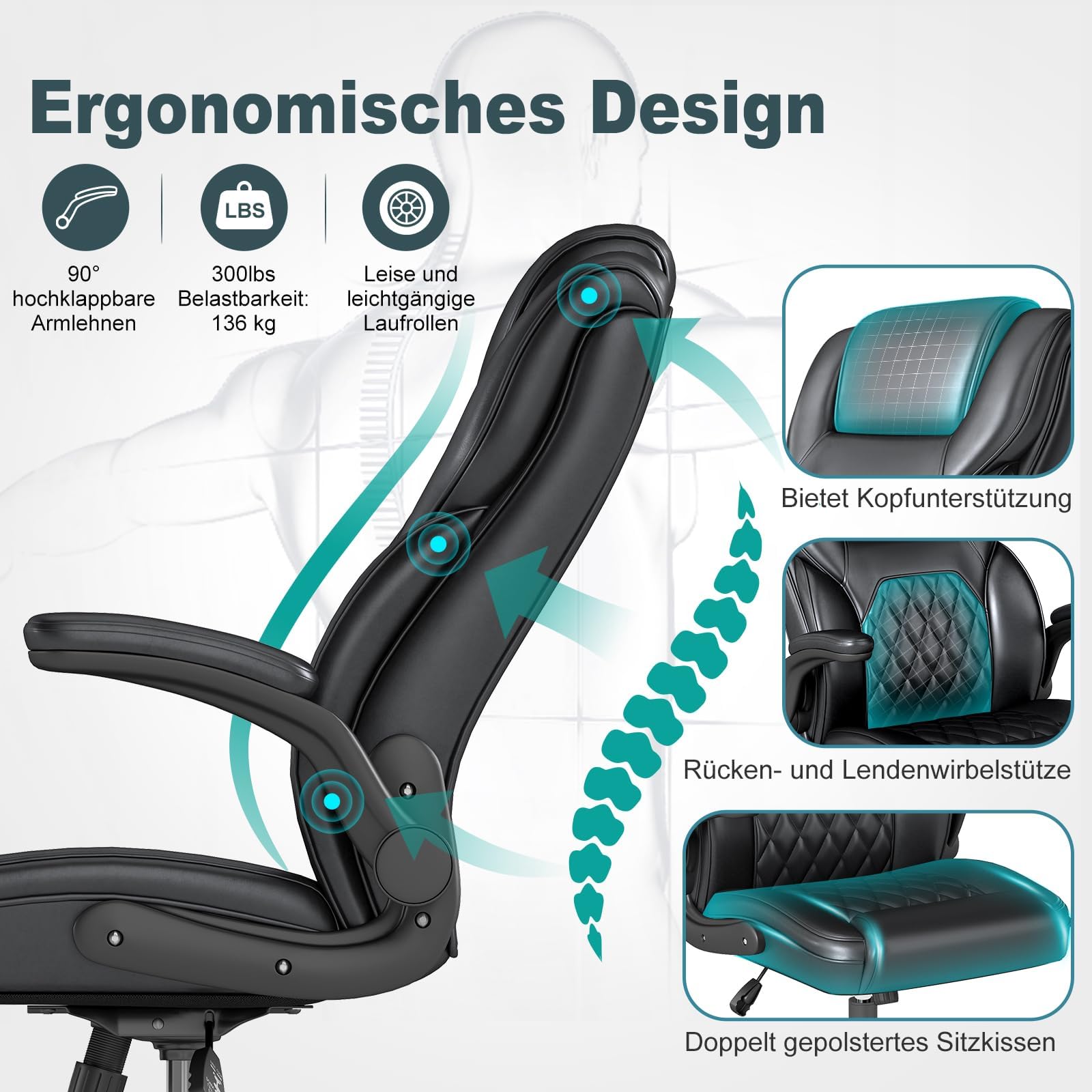 AnyGod Sedia Ergonomica da Ufficio, Poltrona Direttore Regolabile in Altezza in Pelle Sintetica, Sedia da Scrivania con Braccioli Ribaltabili,Portata 136 kg, per Lavoro da Casa e Gaming, Nera