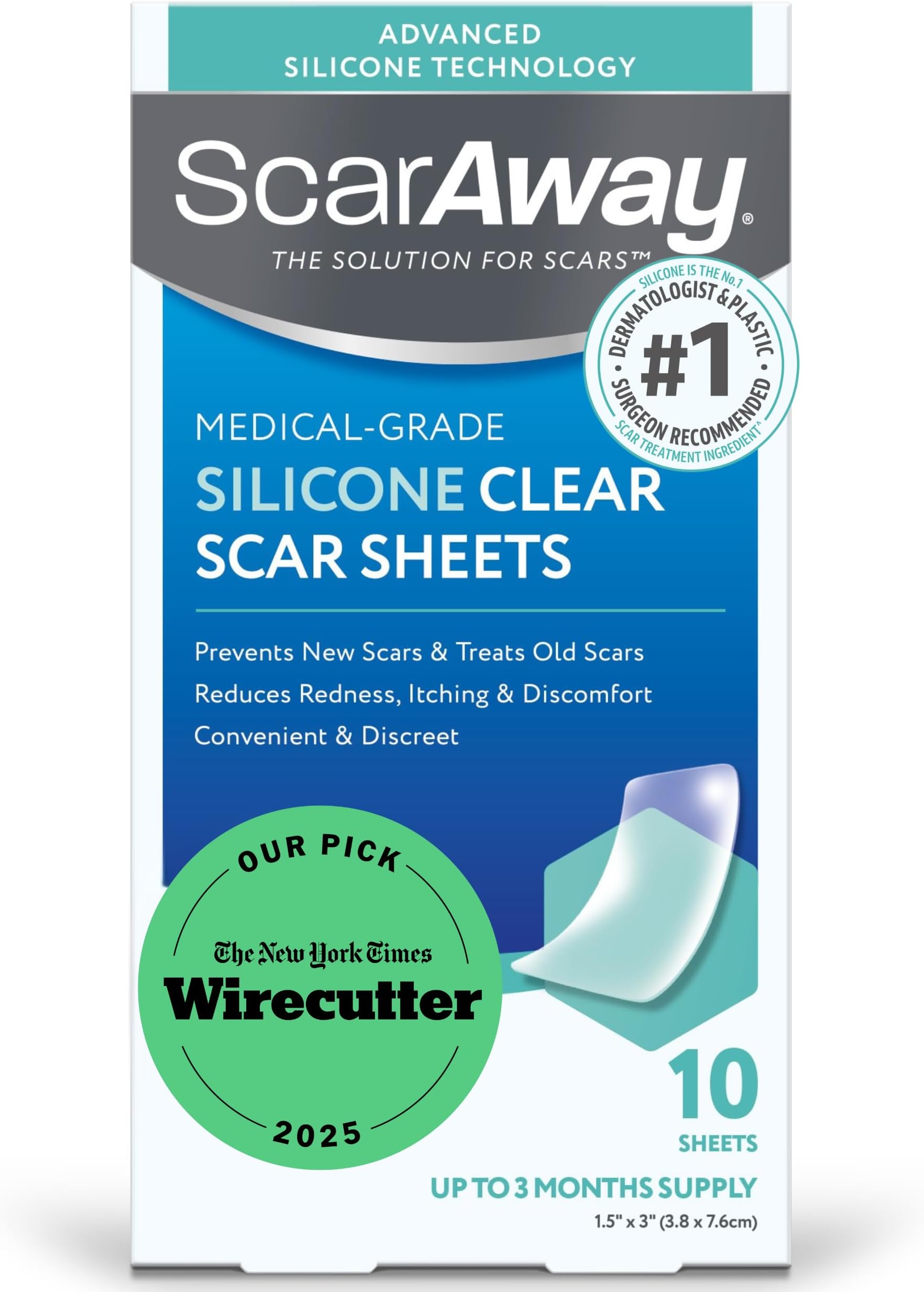 ScarAway Advanced Clear Silicone Scar Sheets, Medical Grade Silicone Strips (1.5" x 3") Scar Treatment and Prevention for Surgical, Burn, Body, Hypertrophic & Keloid Scar Treatment, 10 Clear Sheets