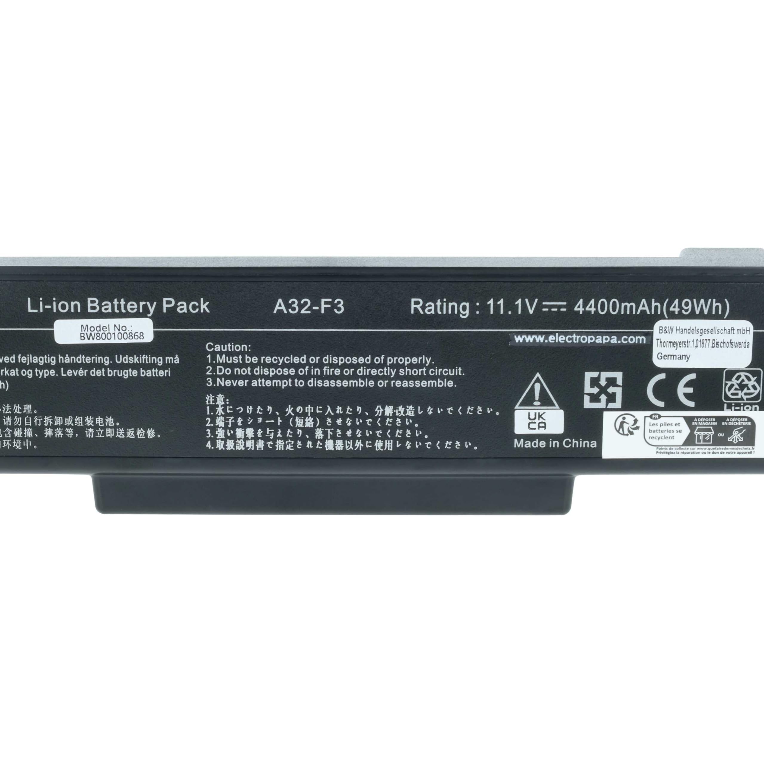 vhbw batteria compatibile con Asus F2hf, F3F, F2J, F2Je, F3Ja, F3Jc, F3, F3E, F3H, A9rp, F3J, F2, F2F notebook (4400mAh, 11,1V, Li-Ion)