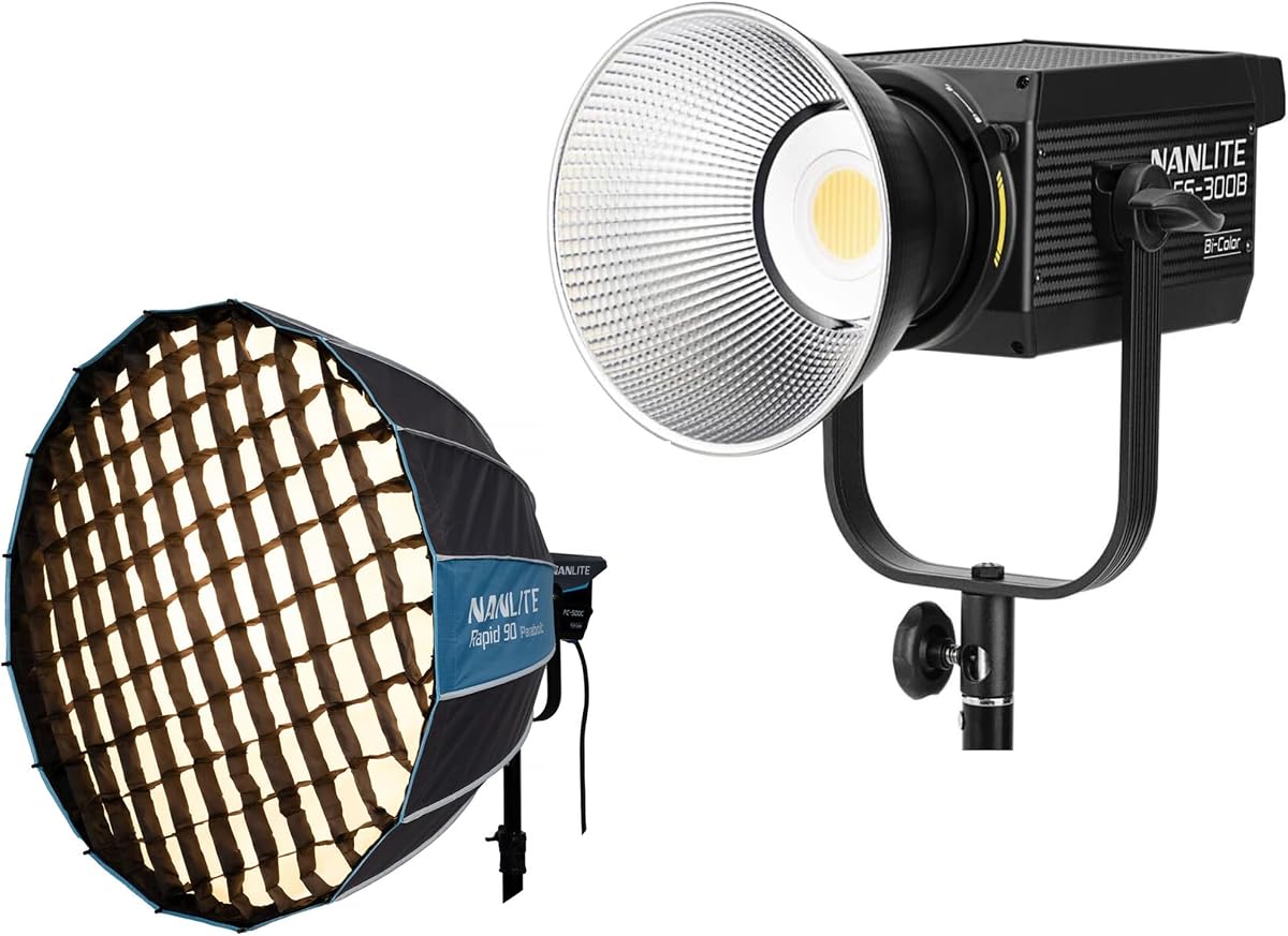 FS-300B Luz de vídeo LED bicolor de 350 W + paquete de caja de luz parabólica rápida de 90 cm, luz continua de montaje Bowens CCT de 2700 K-6500 K (CRI 96+, control de aplicación) con caja de luz parabólica profunda de apertura rápida de 35", por ejemplo