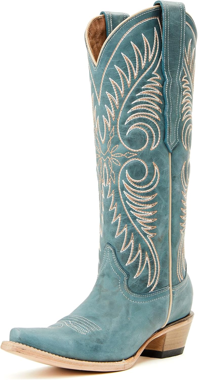Yishaweiqi Embroidered Cowboy Boots for Women Wide Calf Cowgirl Boots Chunky Heel Snip Toe Knee High Western Boots